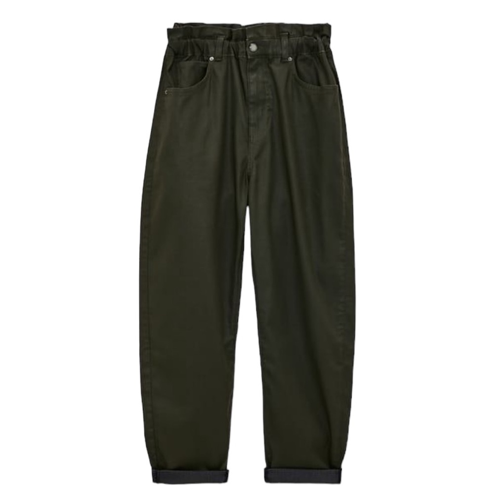 ZARA BAGGY PAPERBAG COATED JEANS IN DARK GREEN, SIZE 8